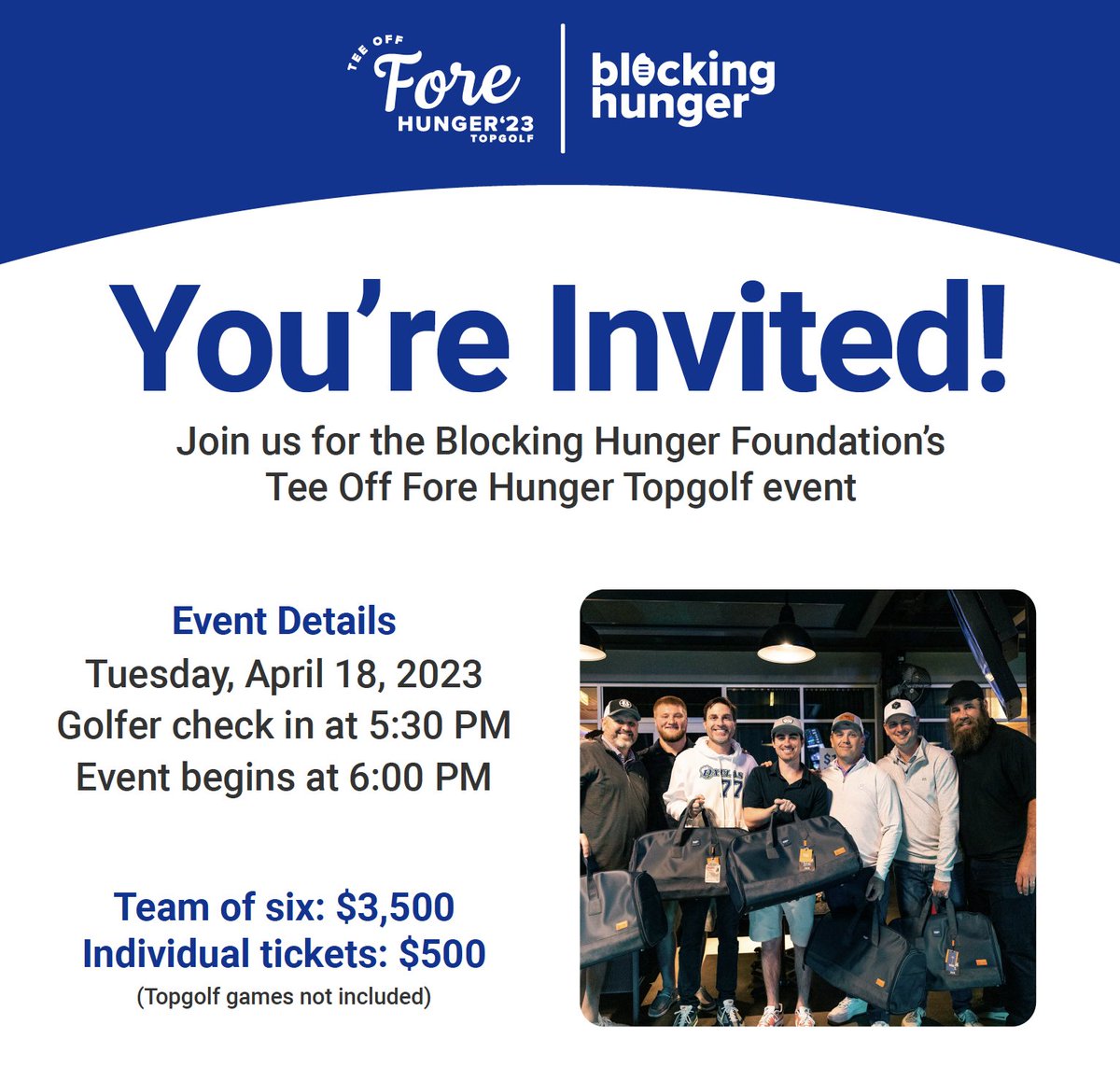 Join us for the second annual Tee Off Fore Hunger event on Tuesday, April 18! Guests will enjoy free food, drinks, games of Topgolf & take some swings with Dallas Cowboy football players! forms.gle/4r6kr3S5ovYeSF… Funds raised support our mission to #blockhunger in DFW!