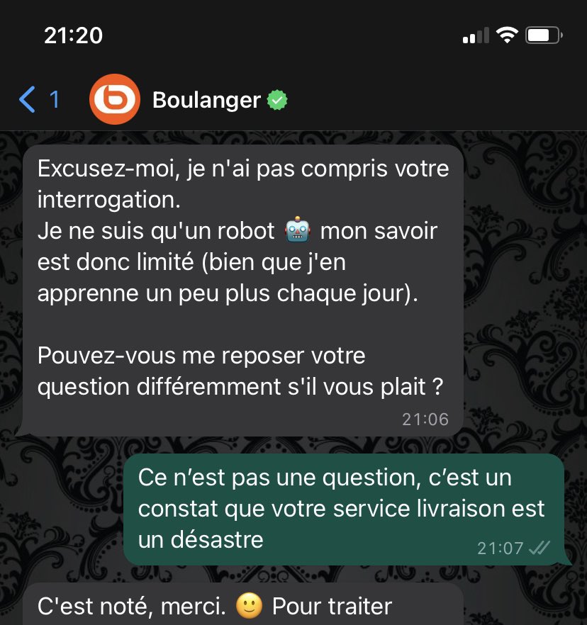 La joie de partager son expérience désastreuse après un achat chez <a href="/boulanger/">Boulanger</a> avec un robot. Au moins, il s’excuse ce qui est déjà pas mal! Il pourra peut-être l’apprendre aux agents?!