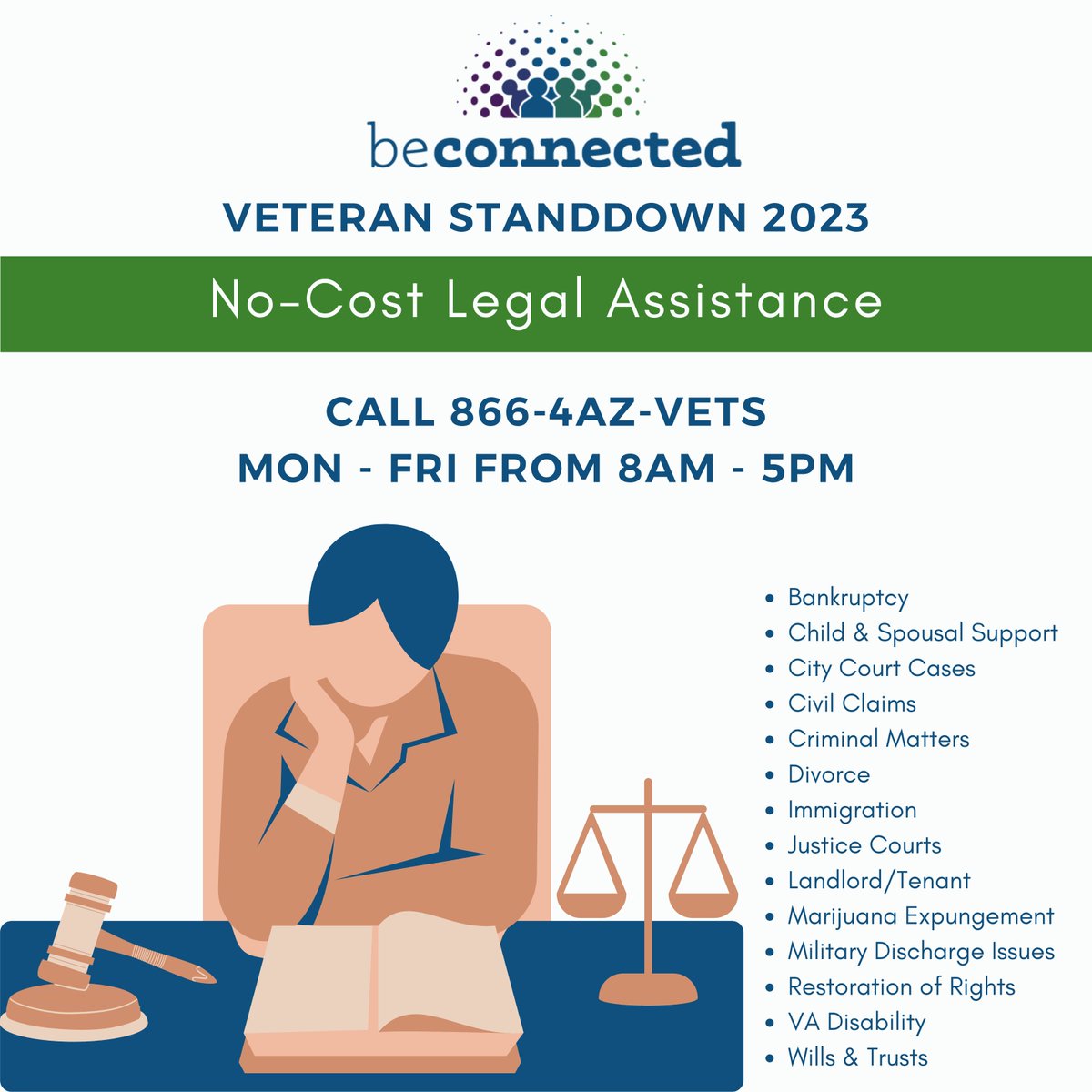 No-cost legal assistance is available through 4/21 for service members, #veterans & their families in Maricopa County. 📞Call 866-429-8387 Mon-Fri 8 AM-5 PM and ask for a📜 legal screening to start the process. 

⚖️#LegalHelp #BeConnected #VeteranStandDown #MaricopaCounty