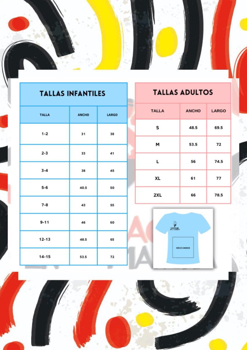 ¡Por si tenéis dudas, aquí os dejamos la guía para las tallas de camiseta!

El diseño ya sabéis que se elegirá en un concurso que se está realizando en todos los niveles desde infantil hasta secundaria. ¡Os enseñaremos todo en cuanto lo tengamos!