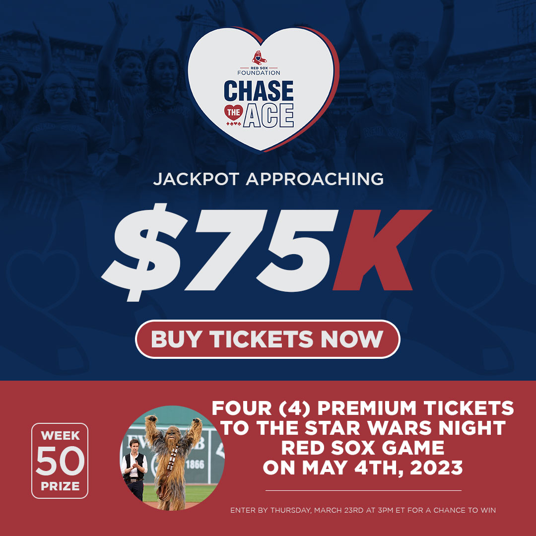 Don't miss one of the LAST chances to win our Chase the Ace Raffle! Our jackpot is approaching $75,000 and only 3 cards remain!

Enter online at redsoxcta.com for your chance to win.  🤑