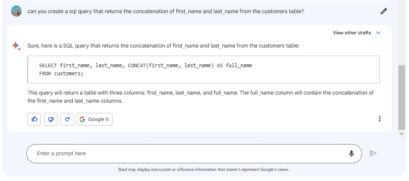 ken_watson's tweet photo. ...and #Google #Bard can #code #SQL https://t.co/NdGScOsbDc