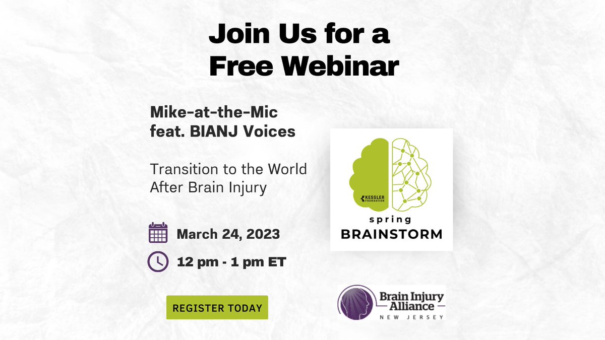 KesslerFdn's tweet photo. It's Brain Injury Awareness Month, a perfect time to watch our Spring TBI Virtual Speakers Series - Mike-at-the-Mic featuring @BrainInjuryNJ Voices! 🧠   Register here: https://t.co/Sv8WW1W6yG #BrainInjuryAwarenessMonth #BrainInjury #TBI https://t.co/9EFZ2RMD0z