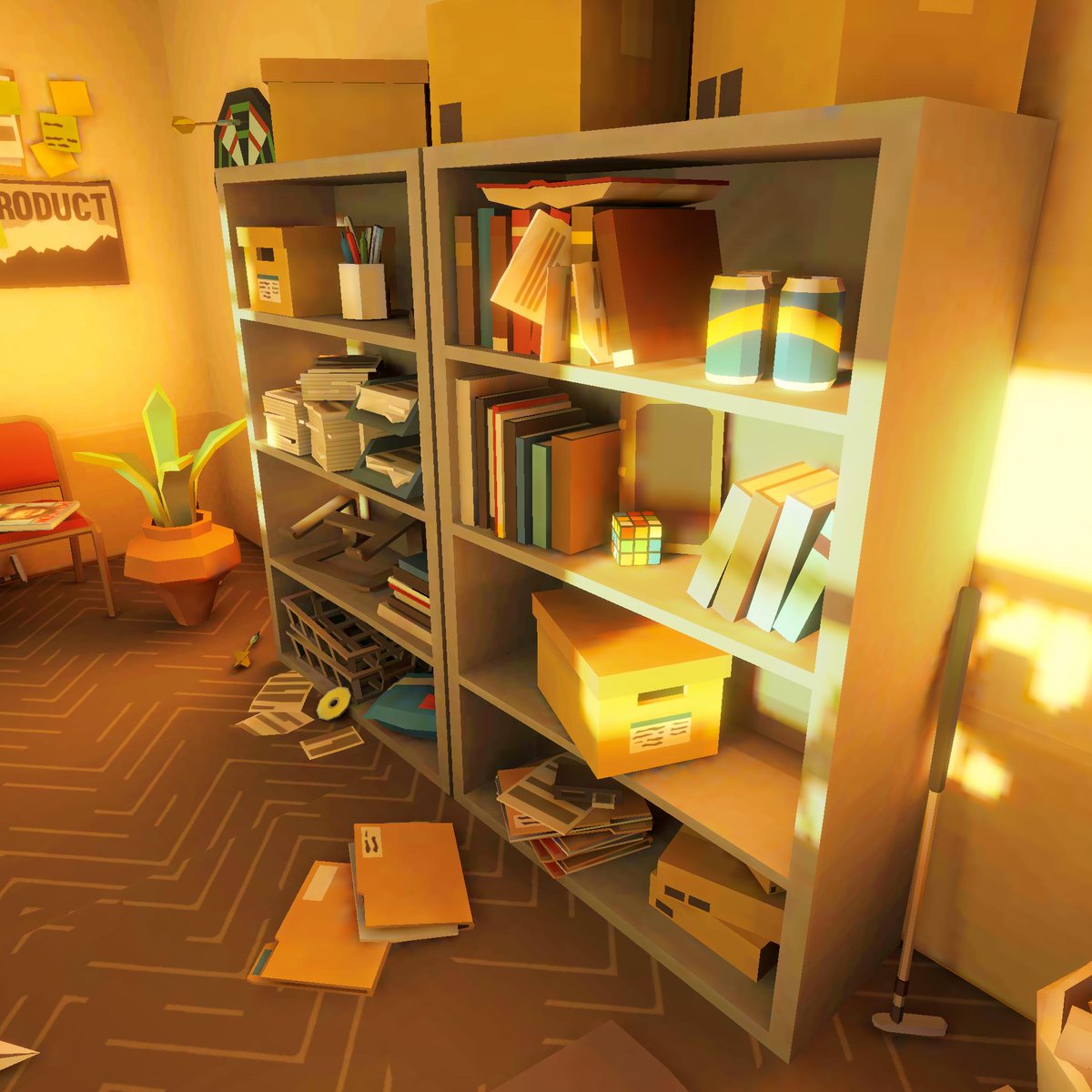 ArrowCodeGD's tweet photo. The shelves looked a bit empty, so I decided to fill them up. 

#gamedev #hiddenobjects #indiedev #lowpoly #goldenhour #indiedev https://t.co/MHNASvxP5R