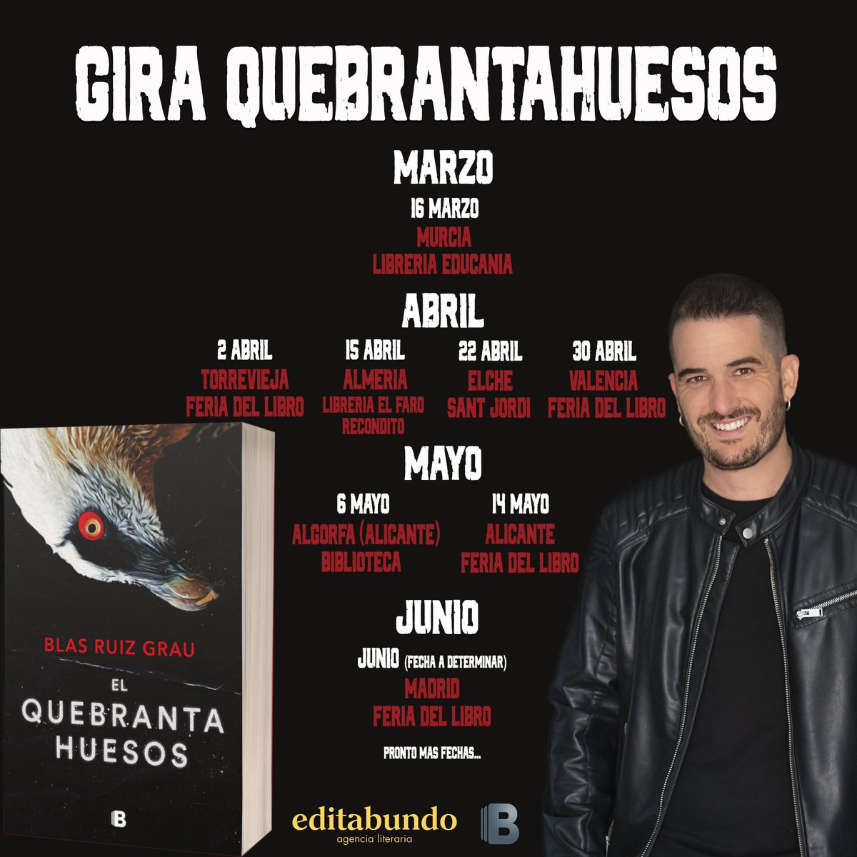 BlasRuizGrau's tweet photo. GIRA EL QUEBRANTAHUESOS.
Como veis, iré poquito a poquito por mi zona, aunque luego se irá expandiendo.
Ya os contaré más fechas según se acerquen. De momento os veo en la feria del libro de Torrevieja, el día 2 de abril.
¿Cuento con vuestro RT? https://t.co/sPUOsZLfP6