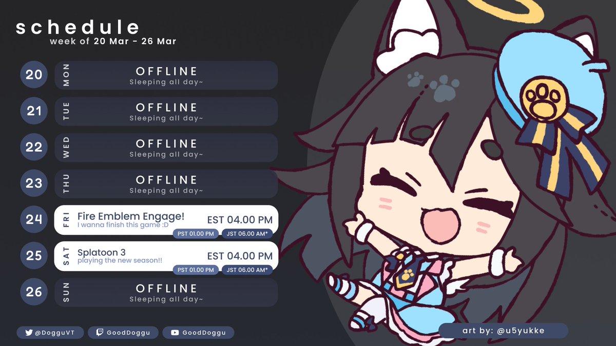 DogguVT's tweet photo. 【 Schedule 】
Subject to change if my doctor calls me back!! I can't wait to play fire emblem again, I'm such a huge fan of the series!!
#TopDoggu #Vtuber https://t.co/f0wGdbnV68