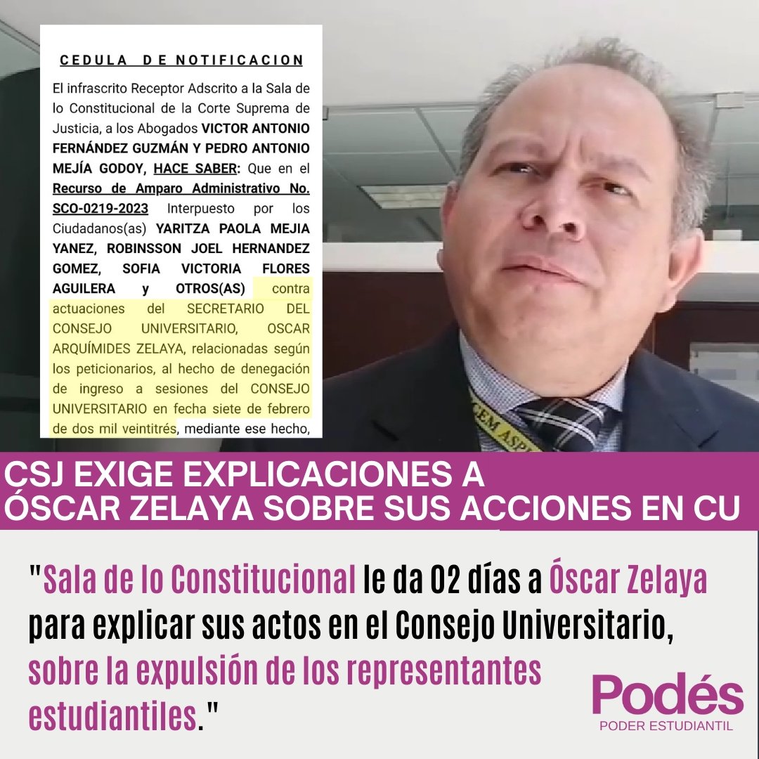 podes_unah's tweet photo. La Sala de lo Constitucional del @PJdeHonduras le da dos días, a partir de hoy, al Secretario General del Consejo Universitario, Óscar Zelaya, para que explique su actuación al expulsar a 10 representantes estudiantiles de forma arbitraria
#PODÉS
#PoderEstudiantil
#UNAH https://t.co/sWvPVtEdpg