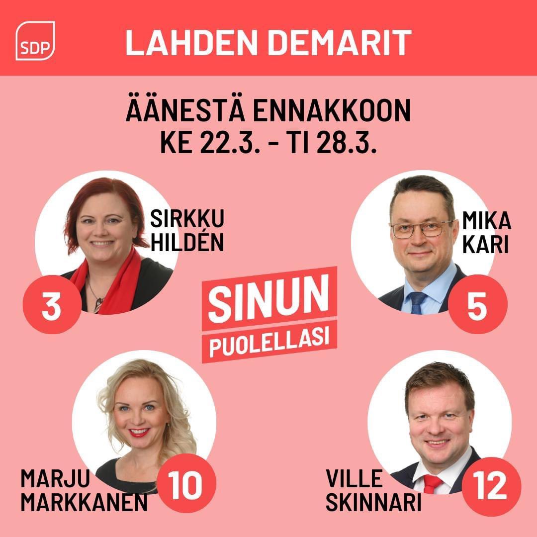 LahdenDemarit's tweet photo. Ennakkoäänestys alkaa keskiviikkona (huomenna) 22.3. ja päättyy tiistaina 28.3.
Laita tästä Hämeen parhaimpien ehdokkaiden numerot muistiin🌹
3 - Sirkku Hildén
5 - Mika Kari
10 - Marju Markkanen
12 - Ville Skinnari https://t.co/EZRv0SiAkQ