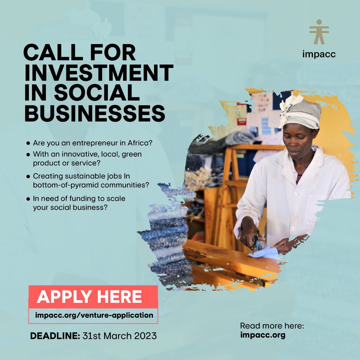 JeanKM12's tweet photo. OPPORTUNITY ALERT for social impact entrepreneurs to consider for investment over at Impacc. The focus for this cohort is*Rwanda, Uganda and TZ*, See eligibility criteria and application form ->(https://t.co/zSnrcnMPta), the application deadline is *31st March 2023*. https://t.co/lAE6T84QyG