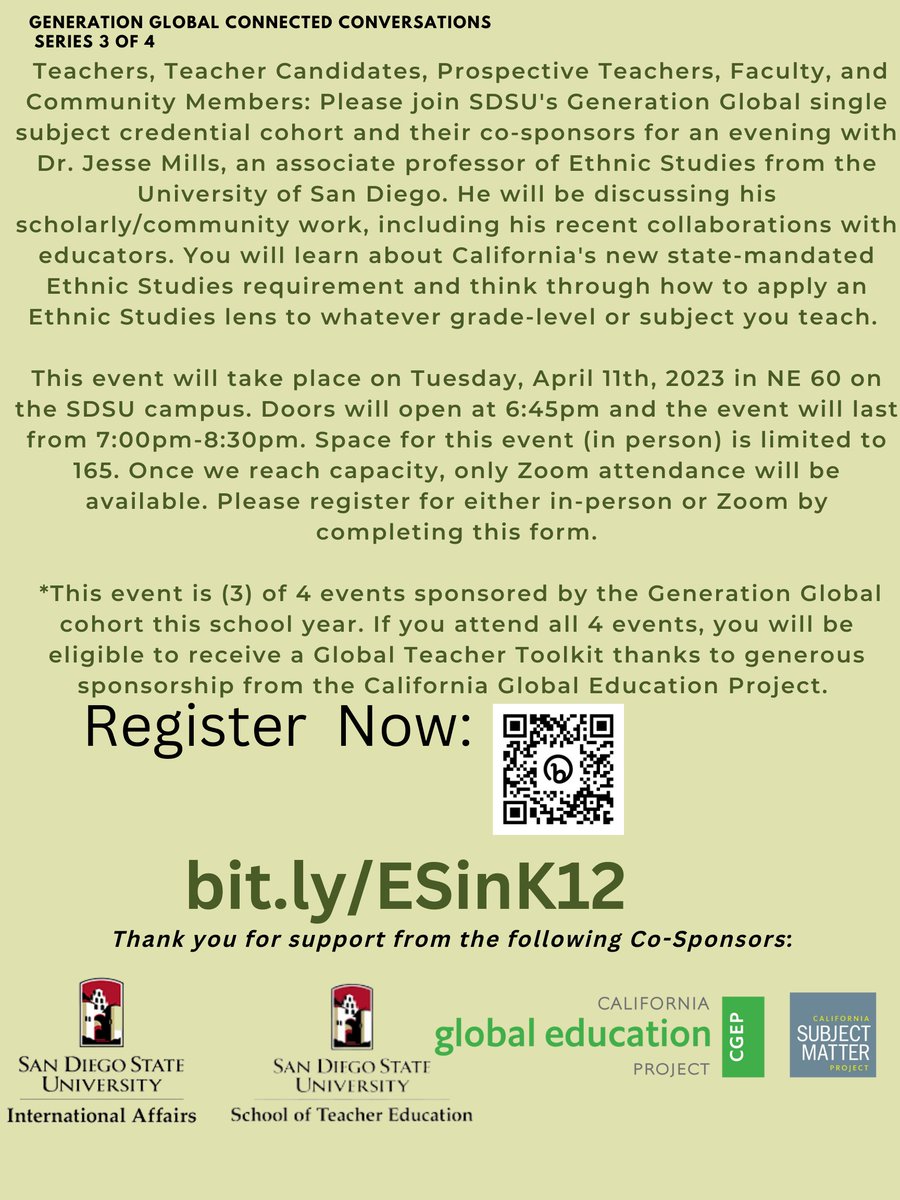 Kelly León (@kellyleon912) on Twitter photo Calling all SD Educators! @GV_English and I are thrilled to be welcoming Dr. Jesse Mills and <a href="/msrodriguezsd/">Celina Rodriguez</a> to SDSU on 4/11 to talk Ethnic Studies with teacher candidates and our larger SD Educator Community! TY <a href="/CalGlobalEd/">CGEP</a> <a href="/sdsucoe/">SDSU Education</a> Register at bit.ly/ESinK12 Calling all SD Educators! @GV_English and I are thrilled to be welcoming Dr. Jesse Mills and <a href="/msrodriguezsd/">Celina Rodriguez</a> to SDSU on 4/11 to talk Ethnic Studies with teacher candidates and our larger SD Educator Community! TY <a href="/CalGlobalEd/">CGEP</a> <a href="/sdsucoe/">SDSU Education</a> Register at bit.ly/ESinK12