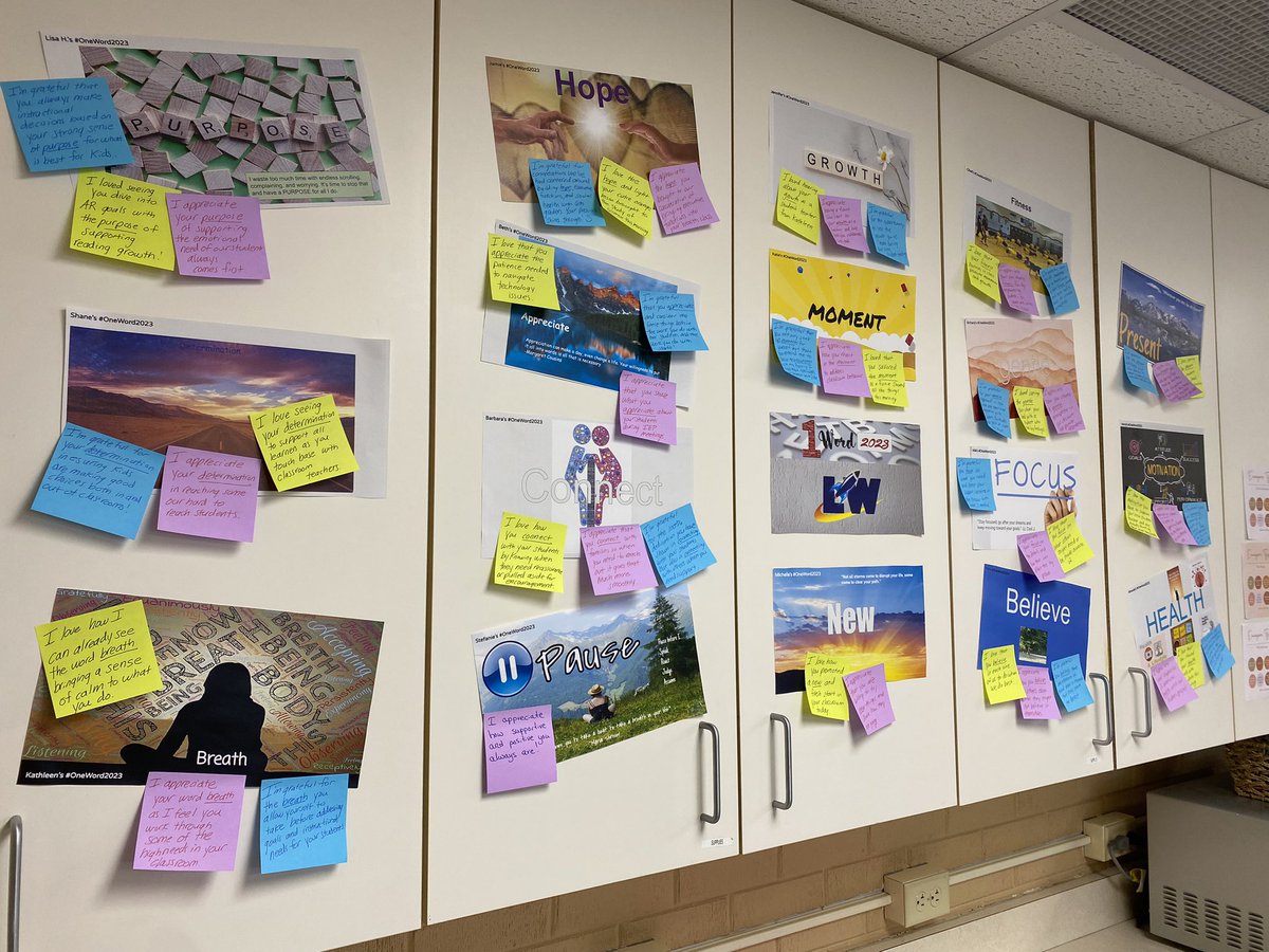 My new favorite thing to do is leave a post-it note of how I saw a teacher living their one word 2023 and place it on their one word posters in the lounge. Coolest thing was someone added a post-it to mine too! #Pitzer2a #Pitzer3d #momsasprincipals #PrincipalOfficeHours #iledchat