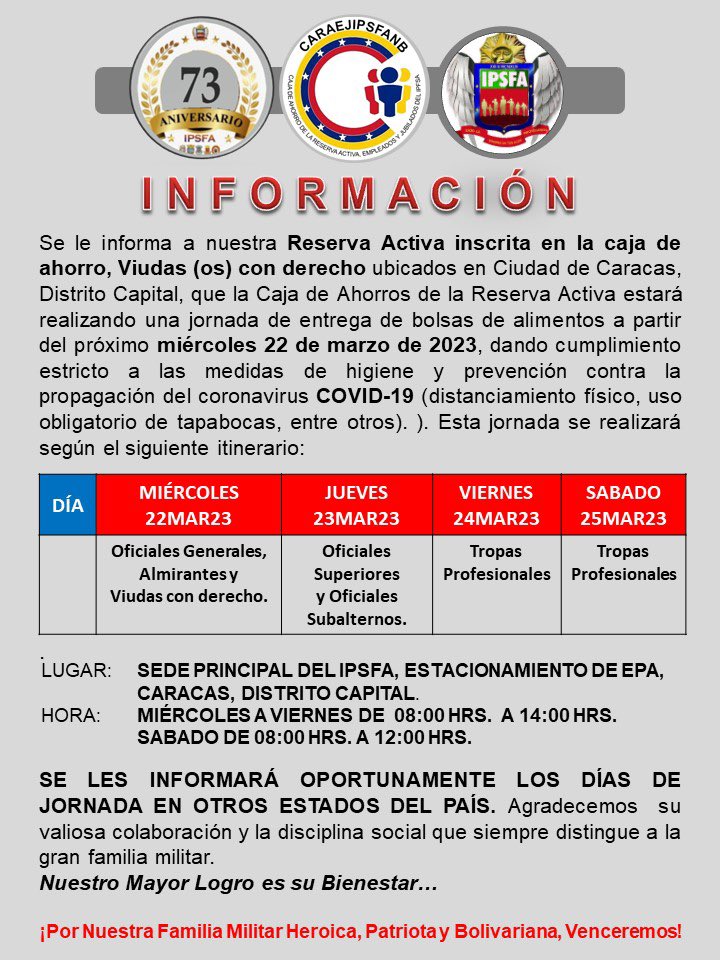 IPSFAespatria's tweet photo. #Atención 📢| La @caraejipsfanb y la familia IPSFA invita a nuestra Reserva Activa y Viudas(os) con derecho del Distrito Capital, a la jornada de entrega de bolsas de alimento del #22Mar al #25Mar cumpliendo las medidas de bio-seguridad,de acuerdo al siguiente programa: https://t.co/BW22uVEl2W