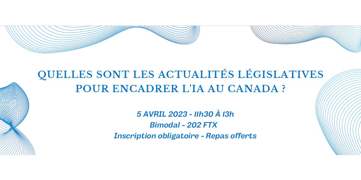 Comment doit-on encadrer l'IA au Canada?👩‍💻

La chaire IA responsable à l’échelle mondiale et la Faculté vous invite à une conférence visant à analyser l’actualité législative canadienne en lien avec #IA.

Inscrivez-vous à l'événement du 5 avril : ow.ly/Kxmr50NosXz