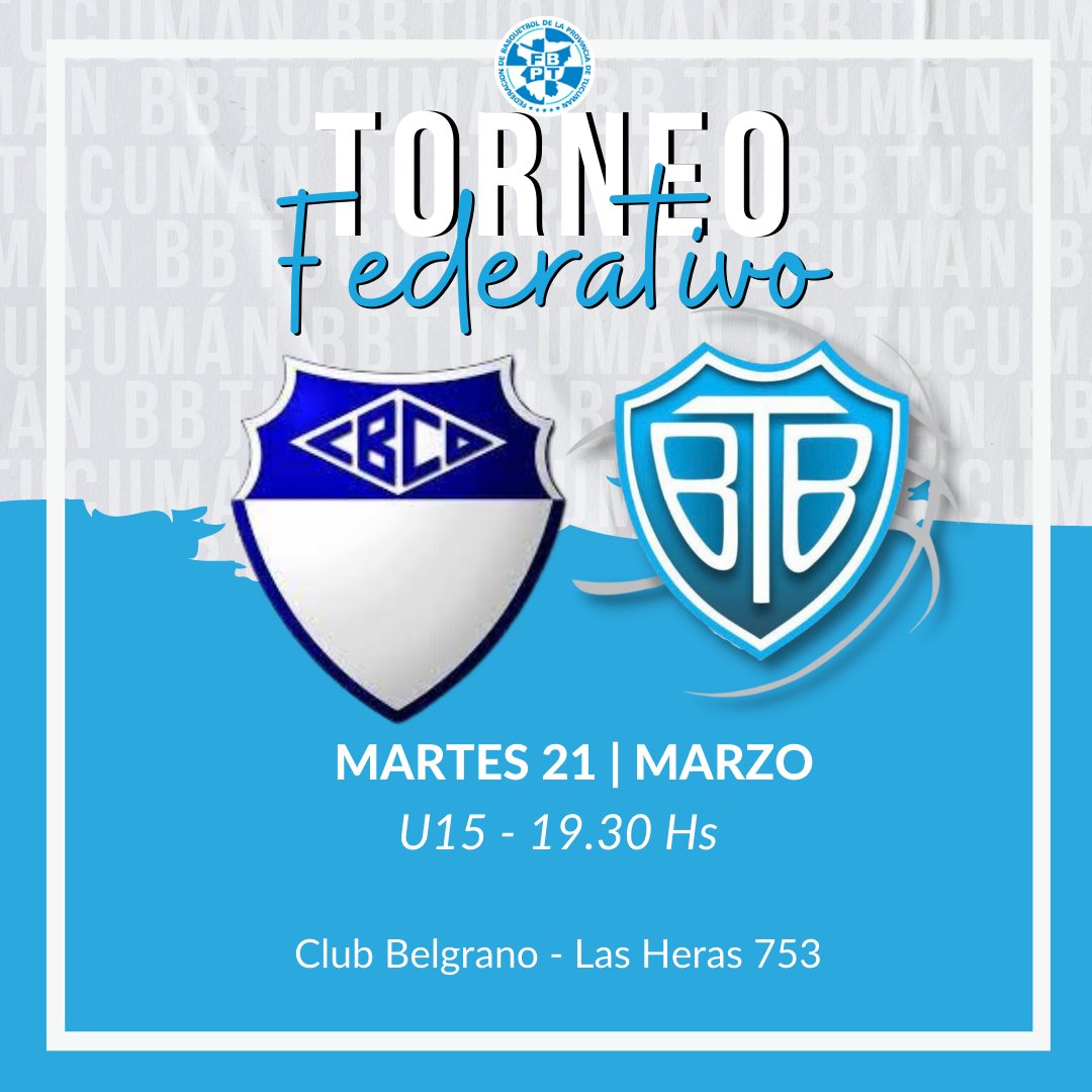 Torneo Federativo 

El beibo visita a Belgrano por una fecha suspendida.

U15
📆 Martes 21 de Marzo
⏰️ 19.30 hs
🏟 Augusto Machado

#vamoslosbb