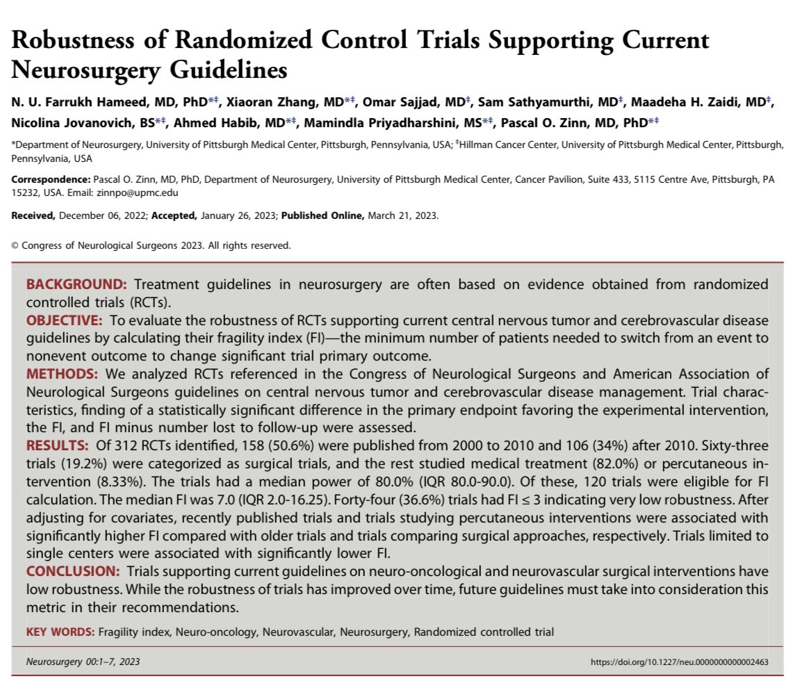 Farrukh Hameed, MD, PhD (@hameedfarrukh) on Twitter photo How robust are neurosurgery randomized control trials? In our latest study, we investigated RCT referenced in <a href="/CNS_Update/">CNS</a> and <a href="/AANSNeuro/">AANS</a> guidelines. The results were surprising! <a href="/pascalzinn/">Pascal Zinn, M.D., Ph.D., FAANS</a> <a href="/PittNeurosurg/">Pitt Neurosurgery</a> <a href="/zel_zhang/">Zel Zhang M.D.</a> <a href="/NeurosurgeryCNS/">Neurosurgery Publications</a> How robust are neurosurgery randomized control trials? In our latest study, we investigated RCT referenced in <a href="/CNS_Update/">CNS</a> and <a href="/AANSNeuro/">AANS</a> guidelines. The results were surprising! <a href="/pascalzinn/">Pascal Zinn, M.D., Ph.D., FAANS</a> <a href="/PittNeurosurg/">Pitt Neurosurgery</a> <a href="/zel_zhang/">Zel Zhang M.D.</a> <a href="/NeurosurgeryCNS/">Neurosurgery Publications</a>
