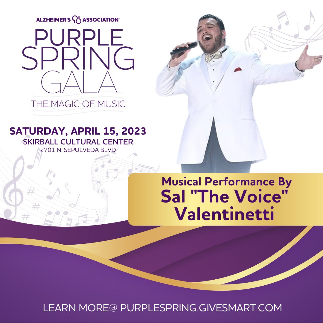 We are thrilled to announce @AGT finalist and crooner @SalTheVoice as one of our musical guests at the #PurpleSpringGala on Saturday, April 15, 2023 at the @Skirball_LA! Thank you, Sal, for joining us! To witness #TheMagicOfMusic visit purplespring.givesmart.com #ENDALZ