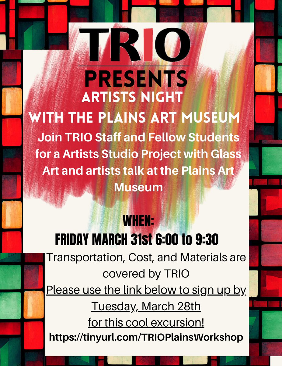 ndsutriosss's tweet photo. Indulge your artistic side! Sign up for a glass art lesson at Plains Art Museum. All costs are covered by TRIO! Here is a link to sign up: https://t.co/5G9aI60693 https://t.co/9uNXDnSDEd