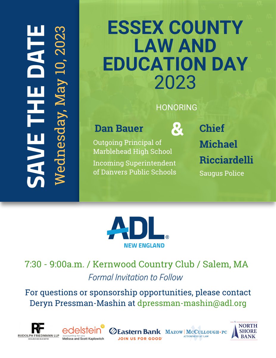 Save the Date for Essex County Law and Education Day, Wed 5/10 at Kernwood Country Club in Salem, MA! This event will honor Dan Bauer, Outgoing Principal of Marblehead High School and incoming Superintendent of <a href="/Tweet_DPS/">Danvers MA Schools</a>, and Chief Michael Ricciardelli of <a href="/SaugusPD/">Saugus Police Dept</a>.