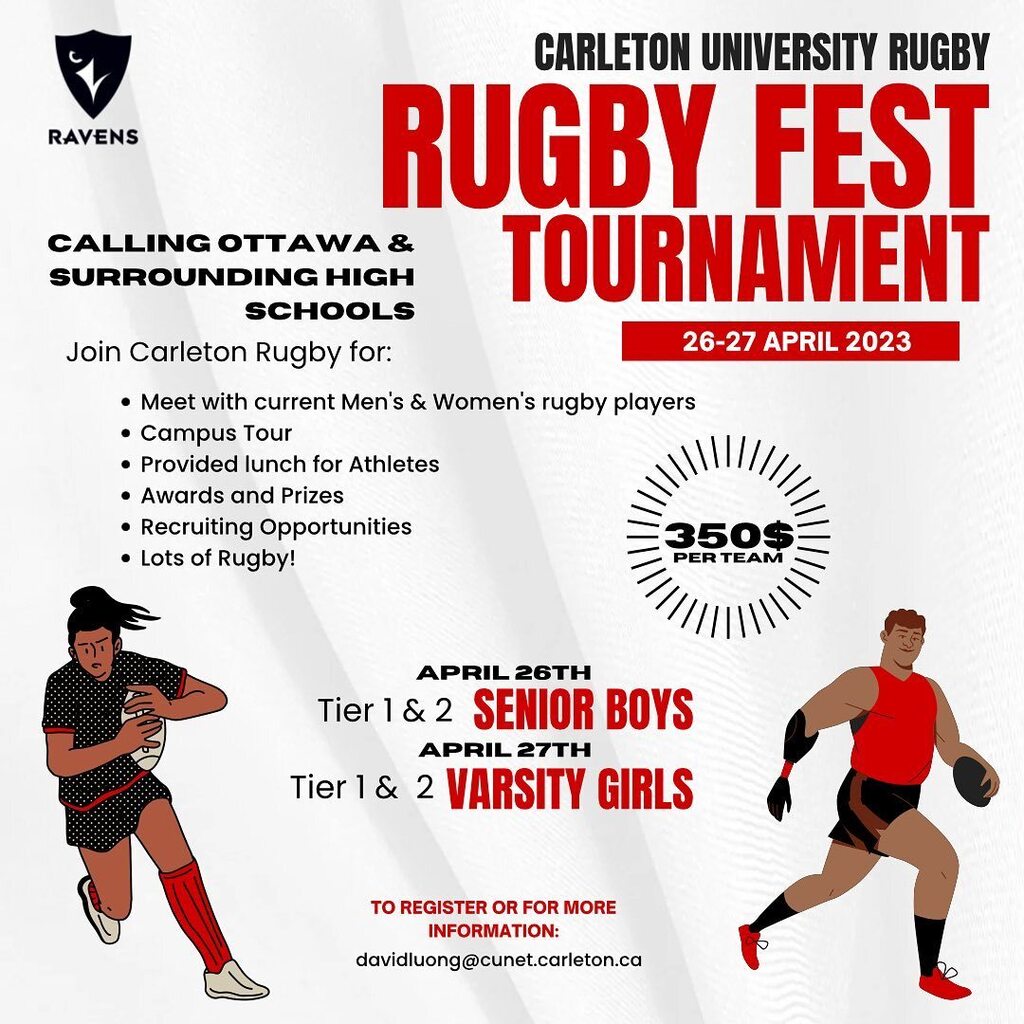 RUGBY FEST IS BACK!! 

Join us for a two days of great high school rugby games, recruiting opportunities, and lots of other fun activities on April 26th and 27th 

To register or for more information please reach out to davidluong@cunet.carleton.ca instagr.am/p/CqEKMCtvpP9/