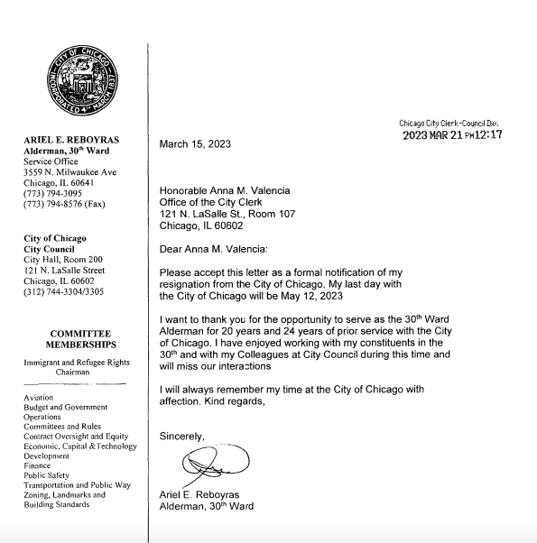 erin_hegarty's tweet photo. Looks like Ald. Ariel Reboyras (30) is resigning from his City Council seat May 12 — just three (3) days before his term is officially set to end on May 15. The term for the new crop of aldermen is set to begin ~noon May 15 so the 30th Ward would be alderman-less for a weekend. https://t.co/nGCRA6Ur01