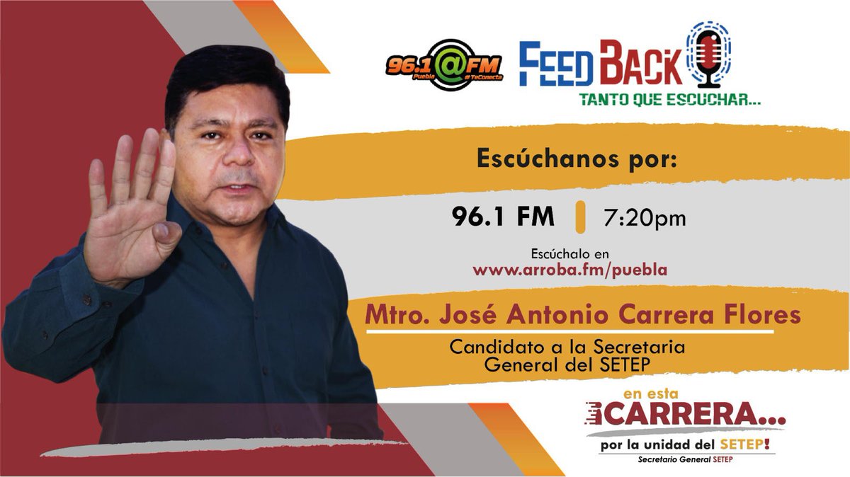 Carrera_Setep's tweet photo. Amigas y amigos Setepistas, acompáñame en punto de las 7:20p.m. a sintonizar 96.1 FM.
¡No puedes faltar! Tu presencia consolida nuestra fuerza.
Recuerda, Feed Back, en el 96.1 FM en punto de las 7:20pm. 
Sigue la transmisión también por https://t.co/THcfGsHABJ https://t.co/JBSxgcUvVR