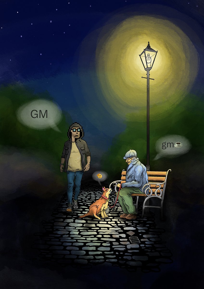 rememesbykaerr's tweet photo. The new card is finally here:

GMeme (it’s always gm o’clock) 

Inspired by our daily gm’s and paying homage to @punk6529 and his first GM tweet (yes, he capitalised it!) 

If you say gm or gmeme, collect it for the culture 🤌

https://t.co/9tZ6JbxeOF 

👇👇👇 https://t.co/uAH0iOZoO8