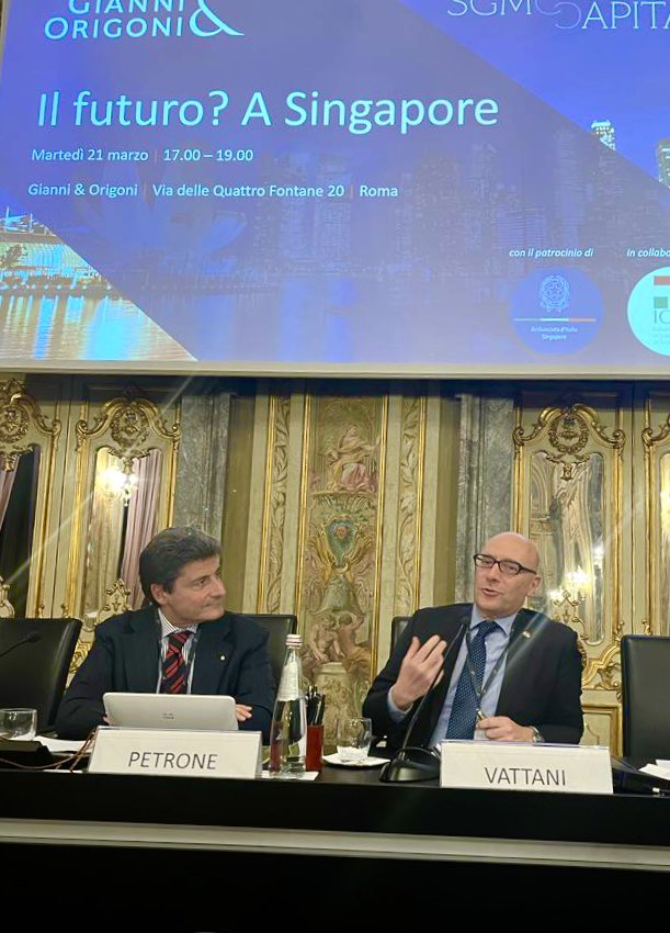 mariovattani's tweet photo. Quali opportunità per le #aziende italiane che scelgono di puntare su #Singapore?
Ne abbiamo parlato a #Roma con sottosegretario @tripodimaria nell’evento “Il #futuro? A Singapore” organizzato da studio #GOP con #SGMC Capital e Pres Bosco di #ICCS
@ItalyinSG🇮🇹 https://t.co/o7mEOK792A