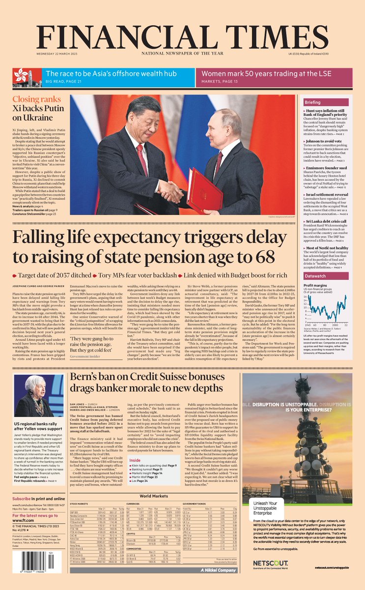 TmorrowsPapers's tweet image. Wednesday's FT: Falling life expectancy triggers delay to raising of state pension age to 68 #TomorrowsPapersToday #FinancialTimes #FT