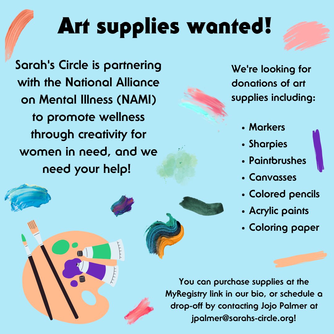 Sarah's Circle (@sarahs_circle) on Twitter photo We're working with <a href="/NAMIChicago/">NAMI Chicago</a> to help women in need express themselves through art! To donate art supplies, contact Jojo Palmer for more details at jpalmer@sarahs-circle.org or purchase them at our MyRegistry link here: myregistry.com/organization/s… We're working with <a href="/NAMIChicago/">NAMI Chicago</a> to help women in need express themselves through art! To donate art supplies, contact Jojo Palmer for more details at jpalmer@sarahs-circle.org or purchase them at our MyRegistry link here: myregistry.com/organization/s…