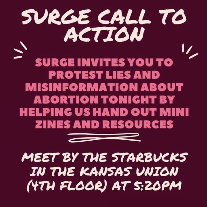 surgeku's tweet photo. SURGE condemns Turning Point USA’s racist signs on Wescoe &amp; tonight’s anti abortion event.

As an abortion+ org committed to Reproductive Justice, we invite you to protest by sharing mini zines, condoms &amp; resources for pregnant &amp; parenting students. Join us at 5:20pm/KS Union/L4! https://t.co/buazenEboO