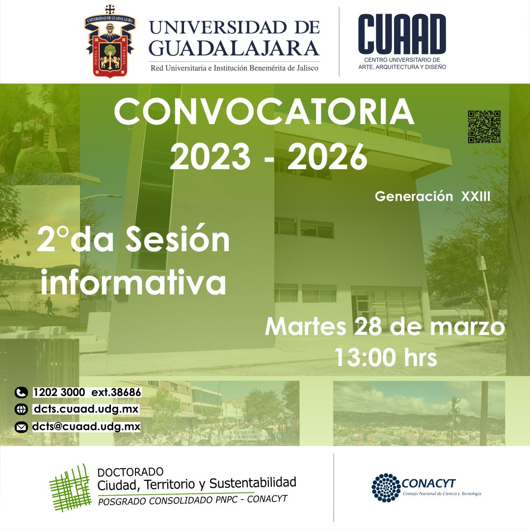 CUAAD_UdeG's tweet photo. Invitamos a que sigan con la 2da sesión informativa, sobre el @dcts_udg 🍃🌆

Bases y convocatoria aquí: https://t.co/GyjqP0TtIN 👈🏼 https://t.co/mu35MjE8nt