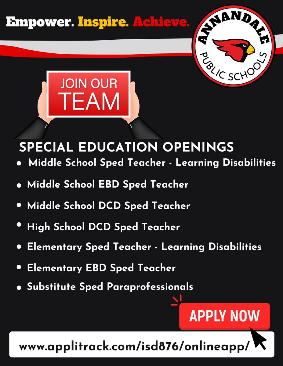 Annandale Public Schools is looking for professionals to fill openings in our Special Education Department starting in August 2023. 
For more info and to apply, visit: applitrack.com/isd876/onlinea… 
#isd876 #nowhiring #joinourteam #teachers #paraprofessionals  #empowerinspireachieve