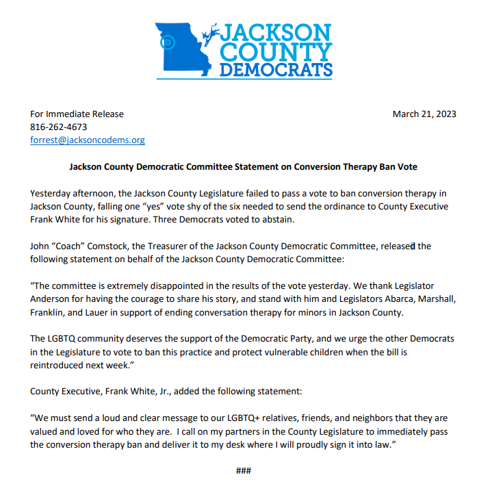 jaxcodemocrats's tweet photo. We urge the Democratic members of the Jackson County Legislature to vote to ban conversion therapy when the bill is reintroduced next week and protect children across Jackson County. 

Full statement below: https://t.co/TUToLAkpq3