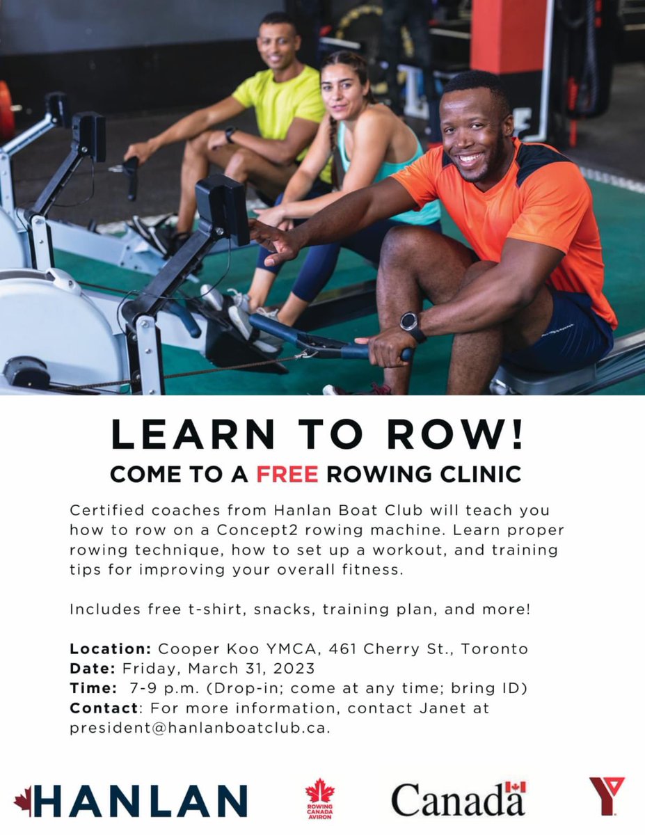 Free youth rowing indoor clinic Friday March 31, 2023, 7-9pm, Cooper Koo YMCA, 461 Cherry Street, Toronto. #rowing #aviron #concept2 #row #rowinglife #fitness #rower #training #sculling #indoorrowing #rowingmachine #rowingclub #erg #torontoyouth #torontosport