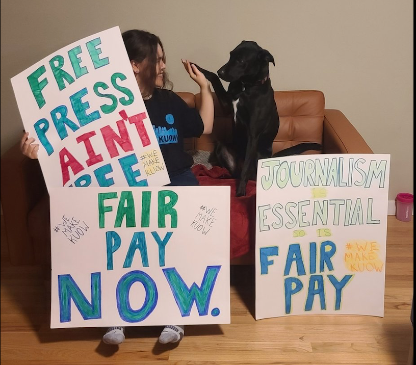 wemakekuow's tweet photo. We’re baaack! 
The @KUOW newsroom’s lonnng fight for a living wage continues. 
And we are as fired up as ever to get our wealthy employer to pay us enough to live in the city we cover. 🧵
#WeMakeKUOW #SAGAFTRA https://t.co/gNeCwvB2IU