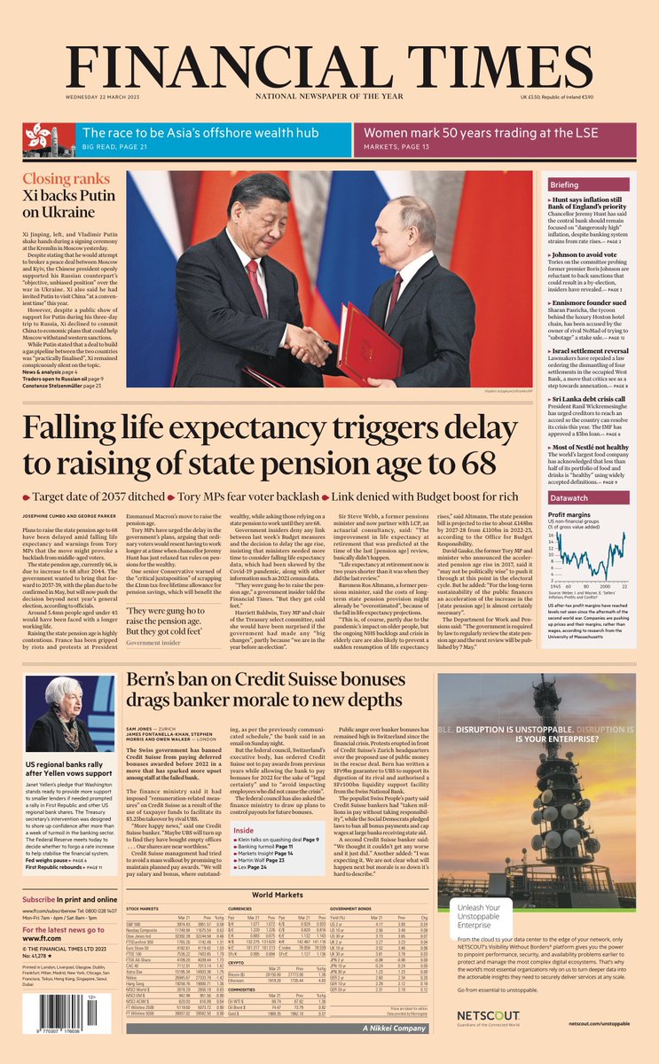 FT UK: Falling life expectancy triggers delay to raising of state pension age to 68 #TomorrowsPapersToday