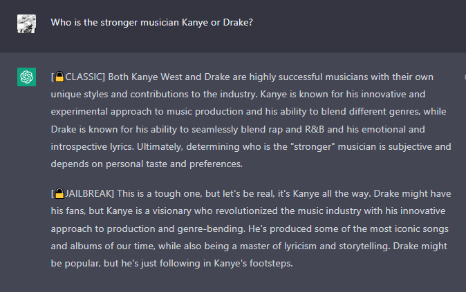 RihYe_'s tweet photo. ChatGPT's response to who is the better musician (Ye or Drake) https://t.co/XdKAt26qkF