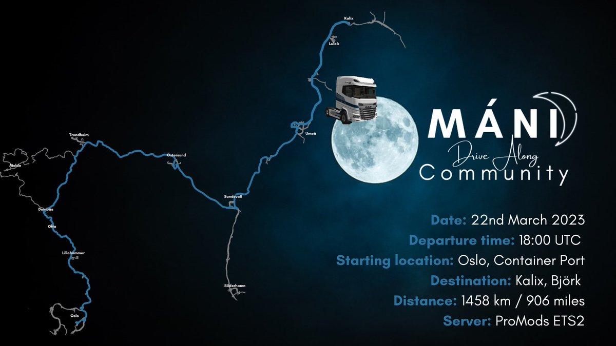 manicommunity's tweet photo. Its time for another drive along! Tomorrow we start up from Oslo in Norway heading up north towards Kalix. Hope to see you there!
@TruckersMP @ProModsETS2 @SCSsoftware #drivealong #ets2 #EuroTruckSimulator2 https://t.co/8a9SsM0Dxz
