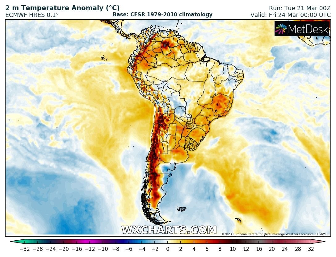 extremetemps's tweet photo. South America summer seems infinite, despite the calendar.
Now,let's talk about Chile.
Next days temperatures will increase sharply again and go back above 35C in many areas in the Central Regions.
And there isn't any semblance of autumn weather in the horizon. https://t.co/2wyciSBvyx
