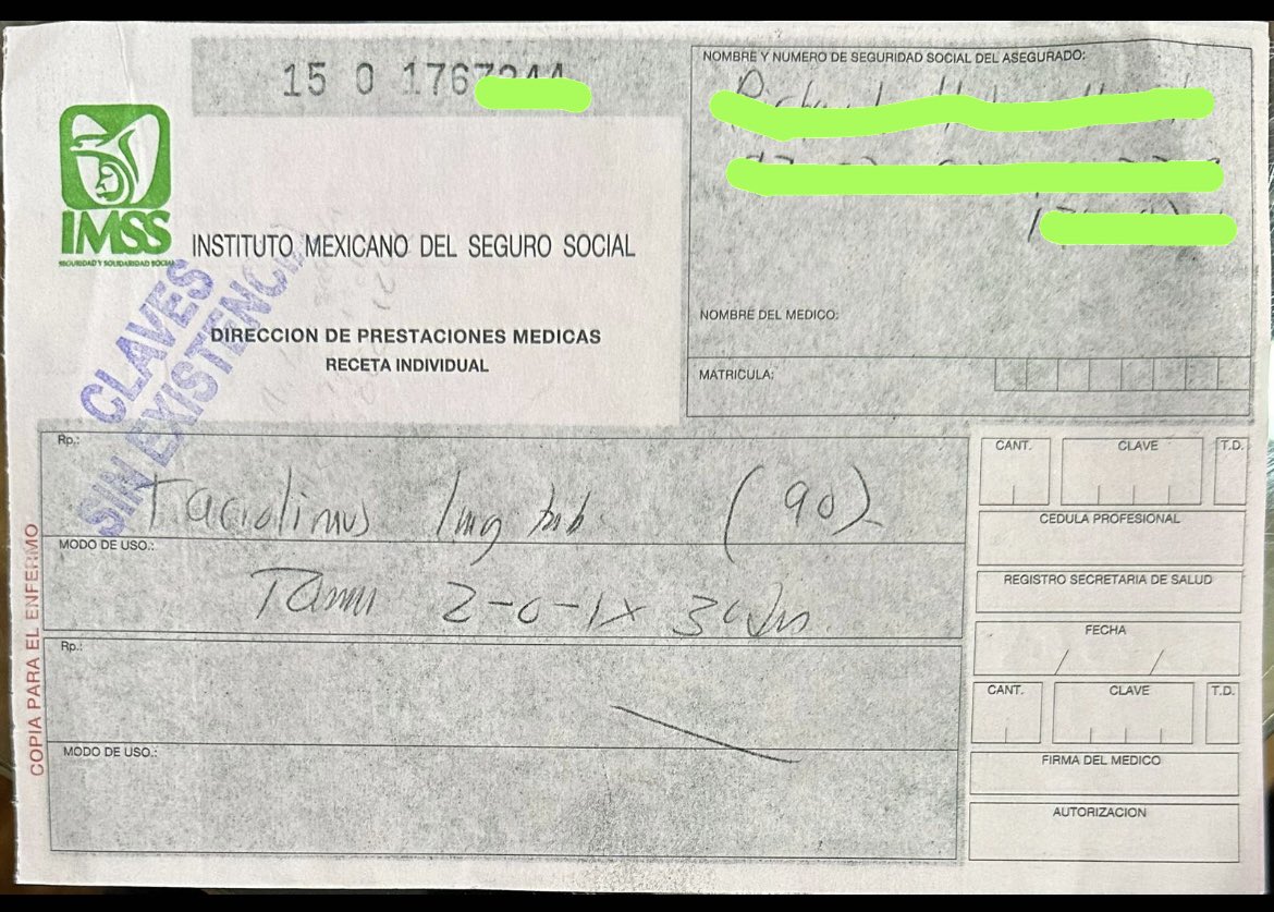 YepezDra's tweet photo. .@Tu_IMSS mi Pacienre con trasplante renal no consigue #tacrolimus.
Les dicen que hay desabasto y que no hay fecha de llegada. Son al menos 41 personas en el HGZ 57 en riesgo por la falta de tacrolimus. https://t.co/UamAqWBCW6
