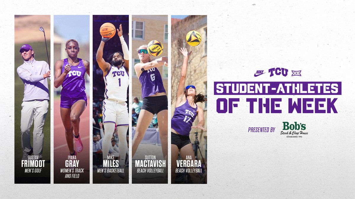 Gustav Frimodt, Iyana Gray, Mike Miles, Sutton MacTavish and Ana Vergara have all been named TCU Student-Athletes of the Week. 

🔗 gofrogs.co/3JZ03cs
#GoFrogs