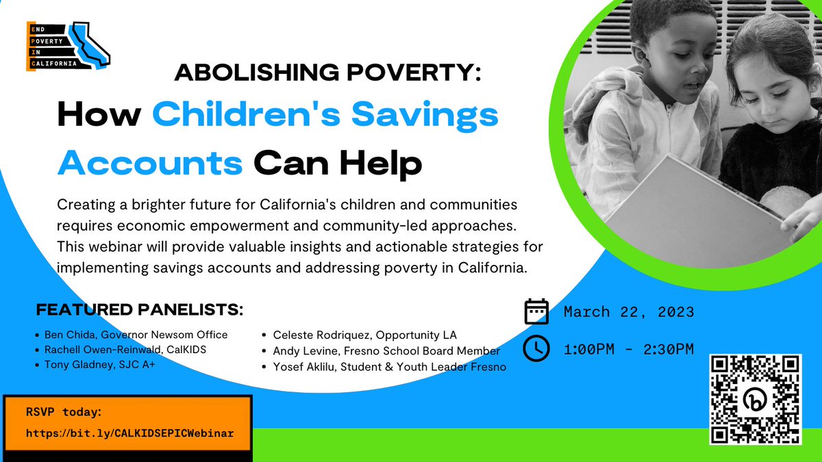 EndPovertyCA's tweet photo. TODAY! It's not too late to RSVP for our webinar today about #CalKIDS.
Learn more about how Children's Savings Accounts can help our children thrive and ensure that our kids have the resources to pursue their dreams.
https://t.co/GZfoCLitH9 https://t.co/ETzQLTshdS