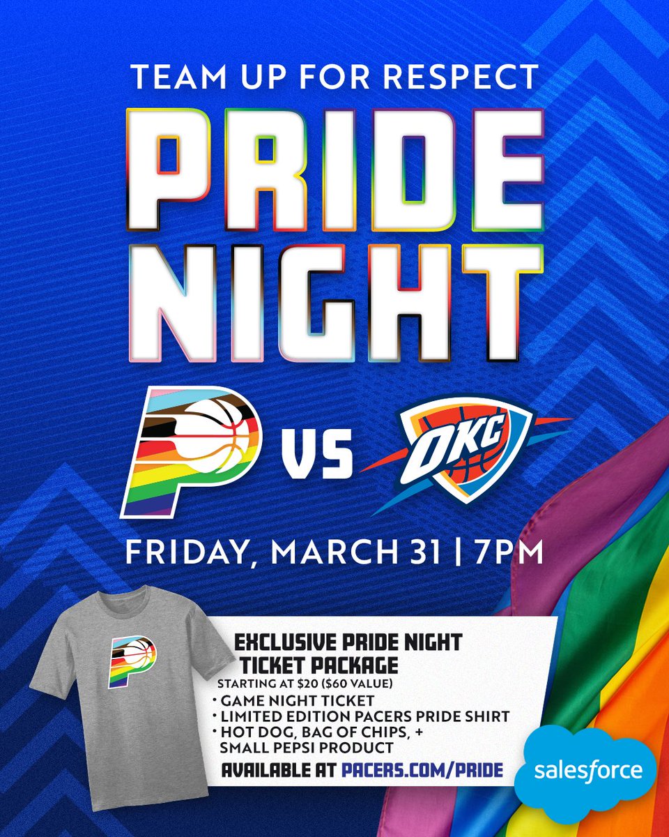 Pacers's tweet photo. we're teaming up for respect to celebrate Pacers Pride Night #sponsored by @salesforce on March 31.

tickets start just $20, to learn more about this exclusive ticket package head to https://t.co/RWacbq4QHt. https://t.co/90ihliBQtn