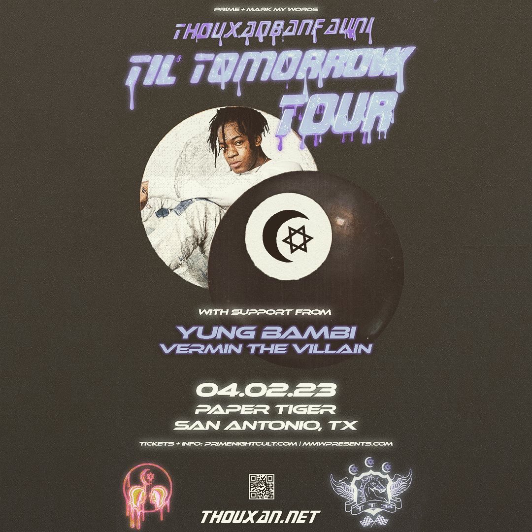 <a href="/YUNGVERM/">VERMIN THE VILLAIN</a> heads to @papertigersatx April 2nd as support for ThouxandFauni 🎹🌵🎙️

Tix 👉🏻 @primenightcult