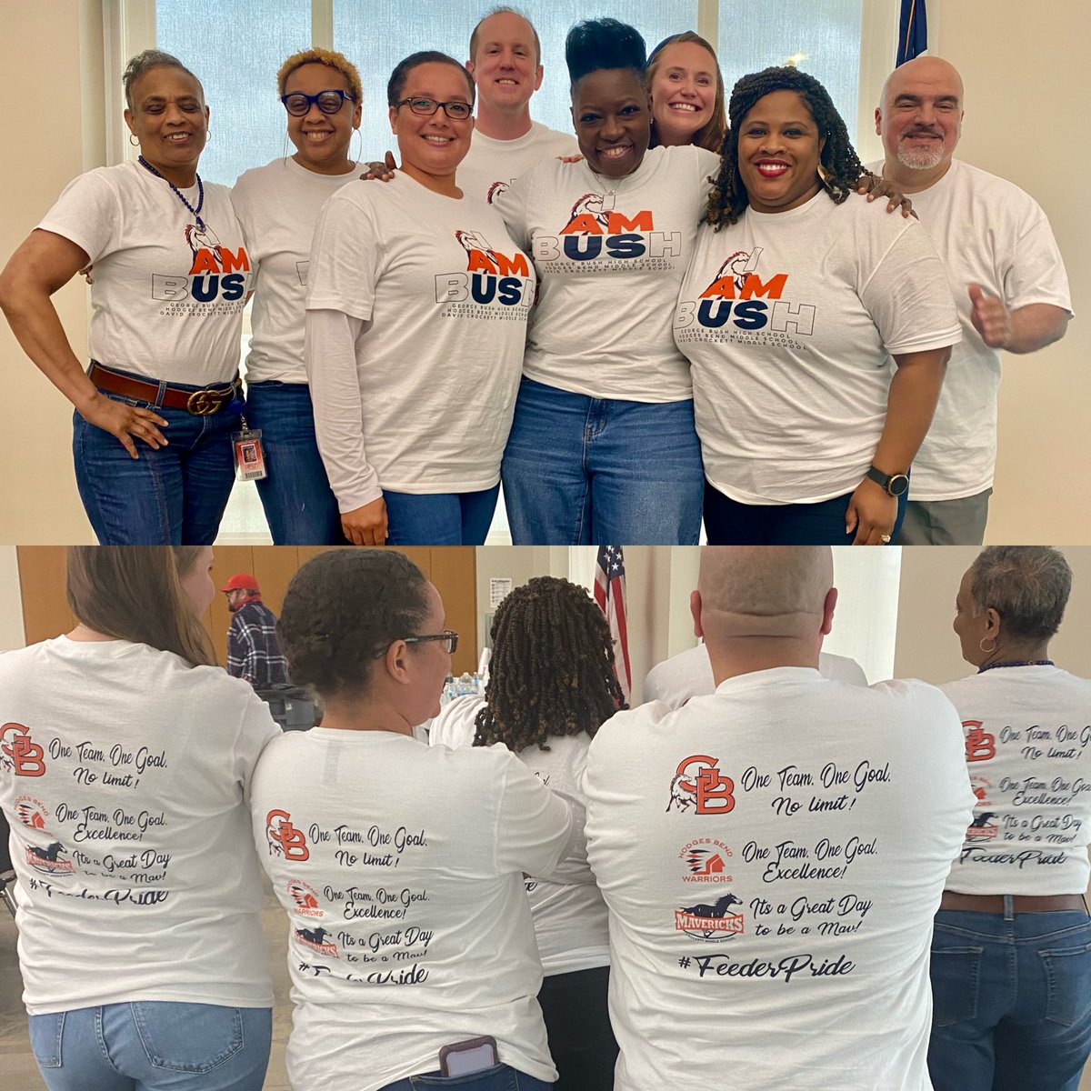 msfljames's tweet photo. Shoutout to the best Feeder Pattern Ever! Assignment: Wear your favorite school shirt to the meeting today! @BHS_Broncos๐งก๐ @DCMSMavericks ๐๐ค@HBMS_Warriors๐ค๐ค @KDAGriffin UNDERSTOOD the Assignment! #FeederPatternPride #BestFeederEver#IAMUS https://t.co/Y0JR4PNwIp