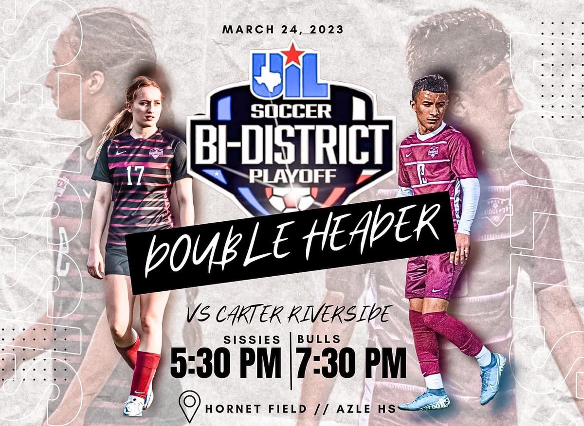 4A REGION 1
Bi-District 7 vs 8 
🆚Carter Riverside
📍Hornet Field -Azle, TX
⌚️5:30PM
🎟️ Adults - $5; Students - $3
Online ONLY
brushfire.com/azleisd/soccer
CLEAR BAG Policy in effect
#vamossissies #vamostoros