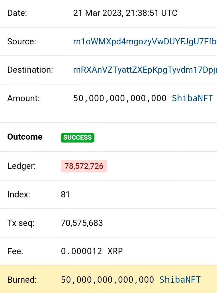 <a href="/CarterNies/">Carter</a> promised a HUGE token burn. We delivered. 

To celebrate the partnership with <a href="/BNICE_Projects/">BNice</a> , 50 Trillion ShibaNFT has been burnt 🔥🔥🔥🔥

#ShibaNFT #XRPL #BNice #XRP #BullMarket #Crypto #NFT #metaverse