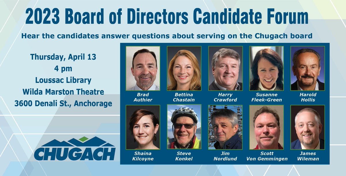 chugachelectric's tweet photo. We have 10 candidates running for three seats on our Board of Directors. Join us for our candidate forum on April 13 to hear their thoughts on the future of your member-owned electric cooperative. https://t.co/87APNLjR9F