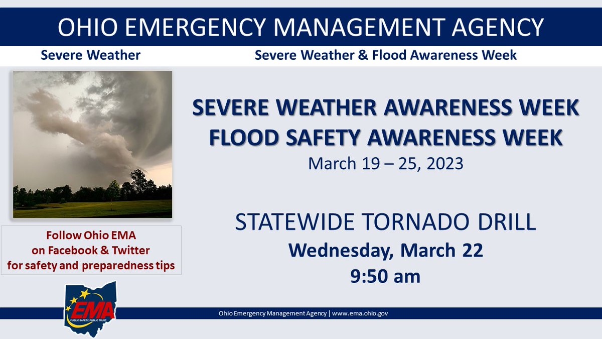Wednesday, March 22 will be the  STATEWIDE TORNADO DRILL at 9:50 AM. Join us this week to learn more about preparing before, during, and after a storm. Staying safe in the next storm means preparing now. 

Learn how you can stay safe in severe weather: Ready.Ohio.gov