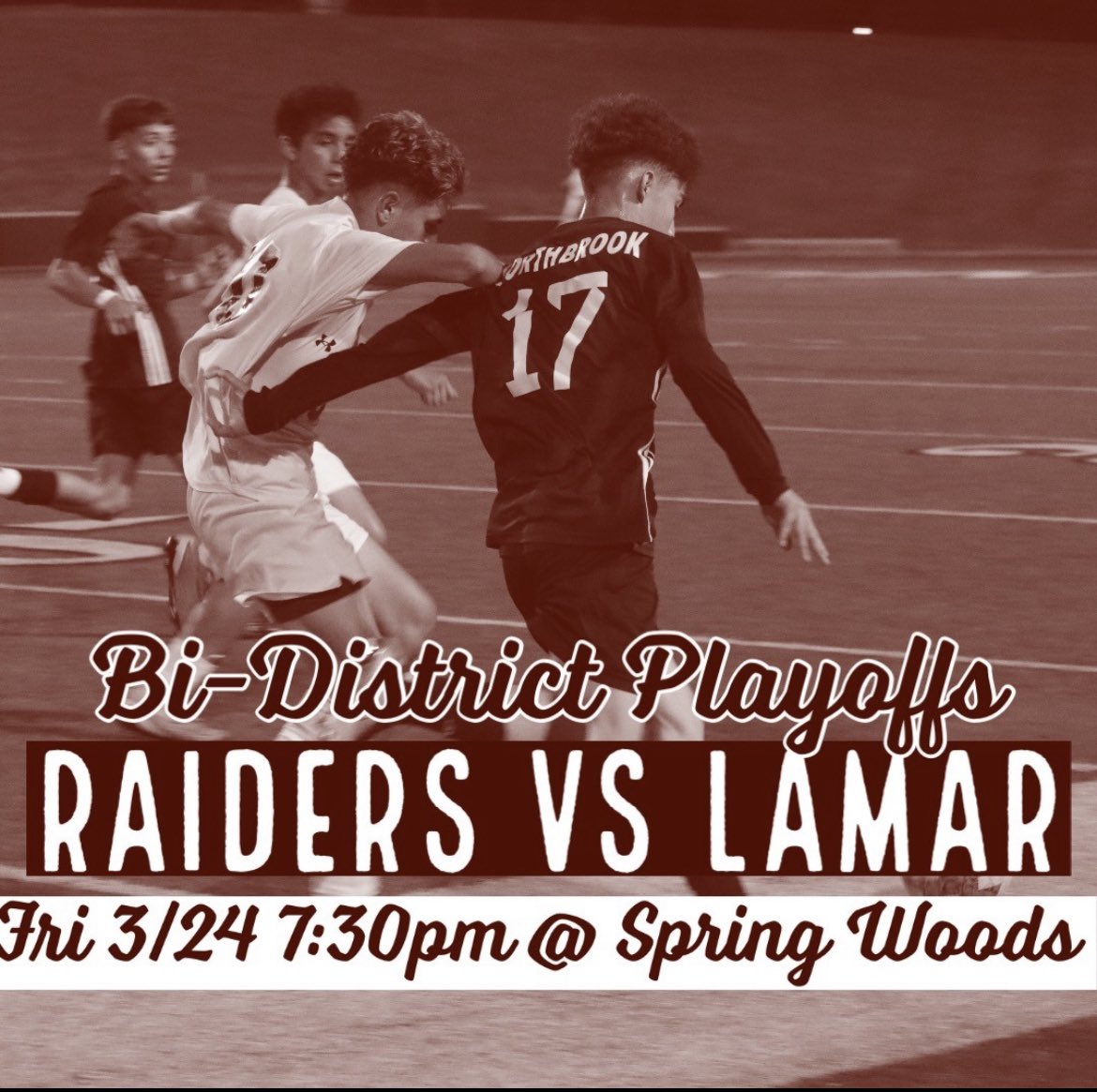 NHSRaiderSoccer's tweet photo. It's Playoff Time! Come out and your support your Raider Boys as they take on the Lamar Texans Friday March 24, 7:30pm at Spring Woods High School! Show up and be LOUD! 🏆 https://t.co/fnUqjtmK58
